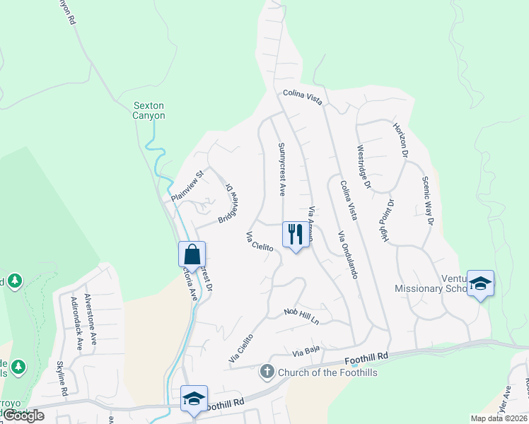 map of restaurants, bars, coffee shops, grocery stores, and more near 1020 Via Cielito in Ventura
