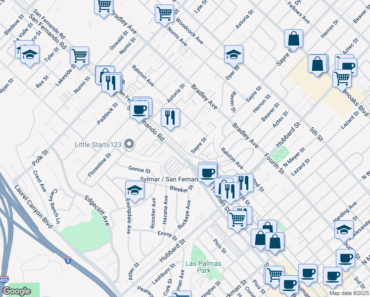 map of restaurants, bars, coffee shops, grocery stores, and more near 12318 San Fernando Road in Los Angeles