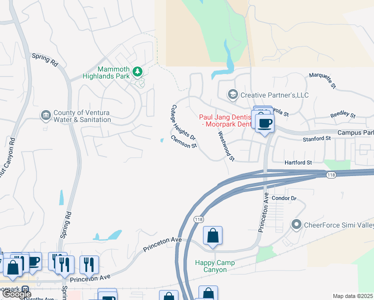 map of restaurants, bars, coffee shops, grocery stores, and more near 14312 Clemson Street in Moorpark