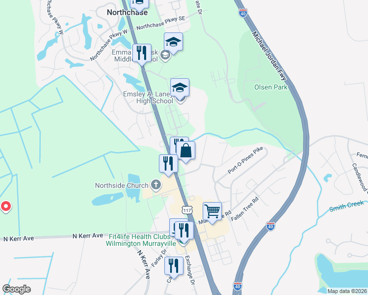 map of restaurants, bars, coffee shops, grocery stores, and more near 2608 North College Road in Wilmington