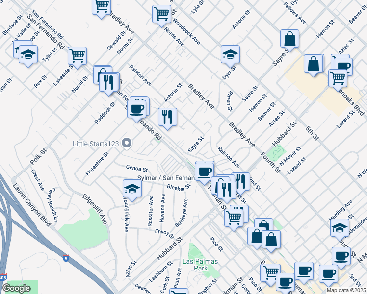 map of restaurants, bars, coffee shops, grocery stores, and more near 12318 San Fernando Road in Los Angeles