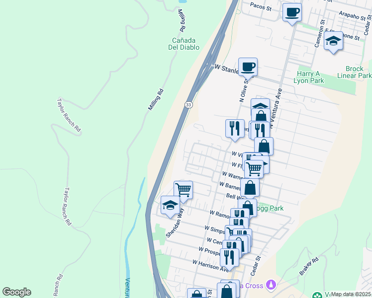 map of restaurants, bars, coffee shops, grocery stores, and more near 1107 Riverside Street in Ventura