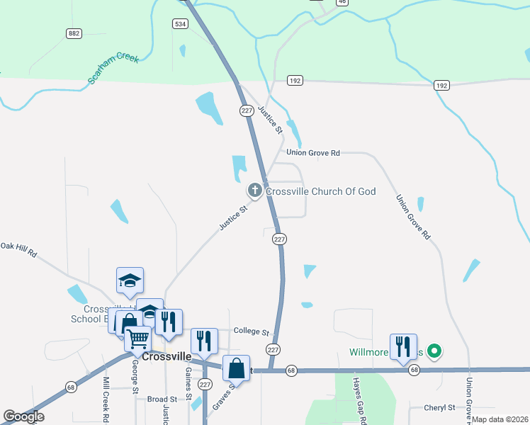 map of restaurants, bars, coffee shops, grocery stores, and more near 8847 Alabama 227 in Crossville
