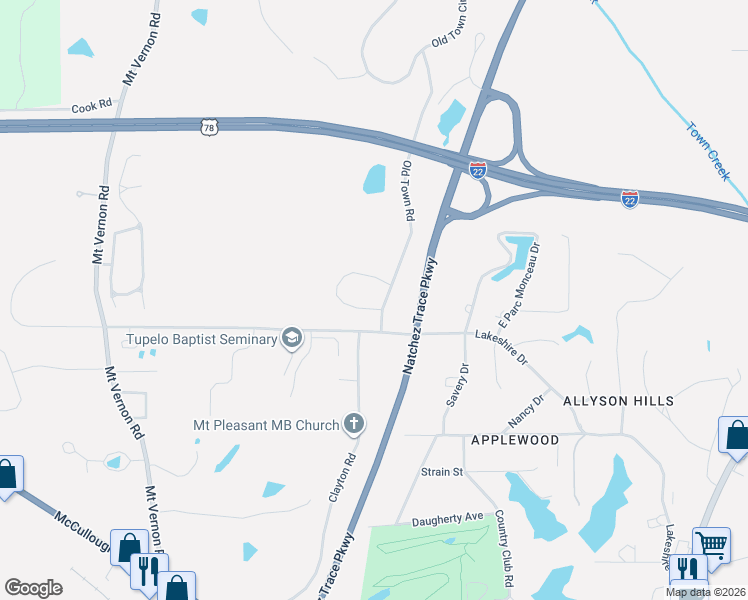 map of restaurants, bars, coffee shops, grocery stores, and more near 2793 Old Town Road in Tupelo