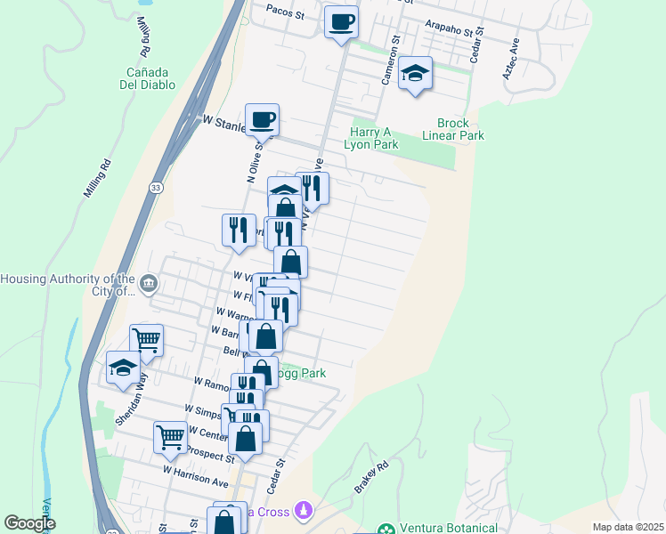 map of restaurants, bars, coffee shops, grocery stores, and more near 120 East Lewis Street in Ventura