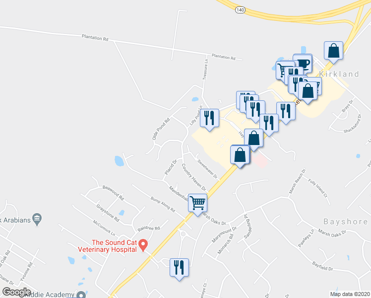 map of restaurants, bars, coffee shops, grocery stores, and more near 7947 Placid Drive in Wilmington