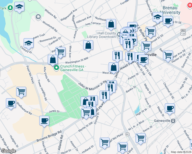 map of restaurants, bars, coffee shops, grocery stores, and more near 325 Comer Street in Gainesville