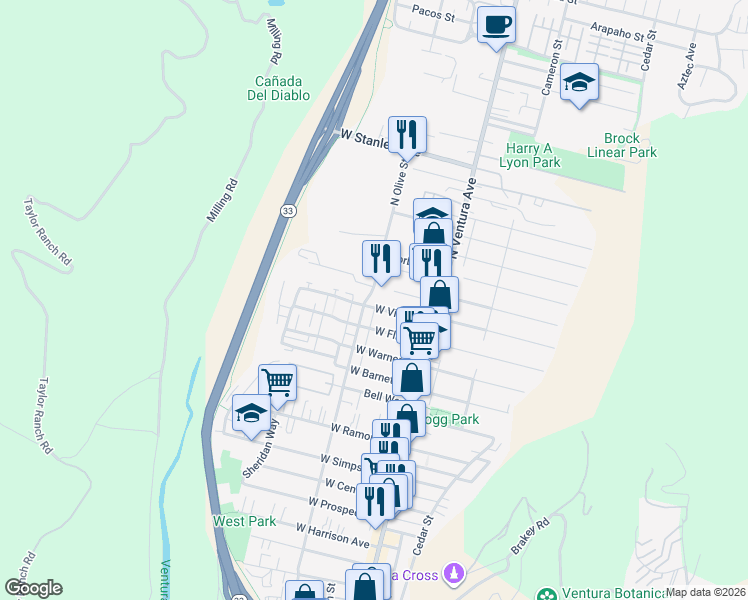 map of restaurants, bars, coffee shops, grocery stores, and more near 172 West Vince Street in Ventura