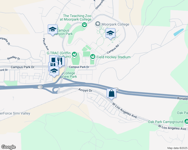 map of restaurants, bars, coffee shops, grocery stores, and more near 6492 Melray Street in Moorpark