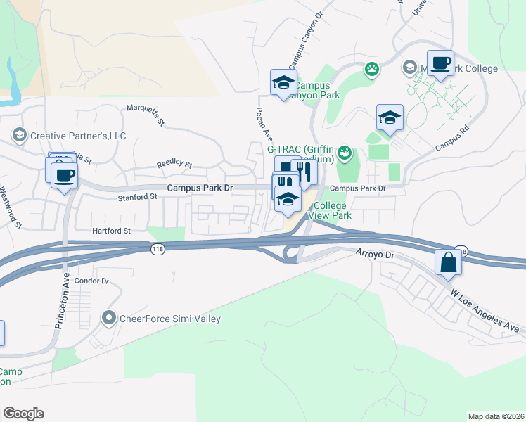 map of restaurants, bars, coffee shops, grocery stores, and more near 6542 Marquette Street in Moorpark