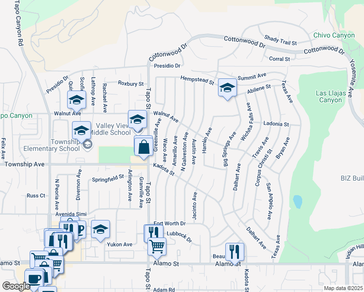 map of restaurants, bars, coffee shops, grocery stores, and more near 3290 North Galveston Avenue in Simi Valley