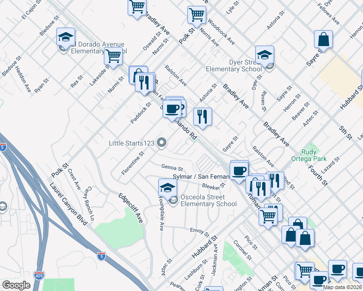 map of restaurants, bars, coffee shops, grocery stores, and more near 14909 West Navarre Way in Los Angeles