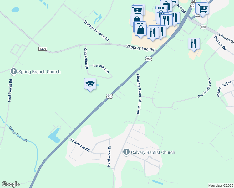 map of restaurants, bars, coffee shops, grocery stores, and more near James Street in Whiteville