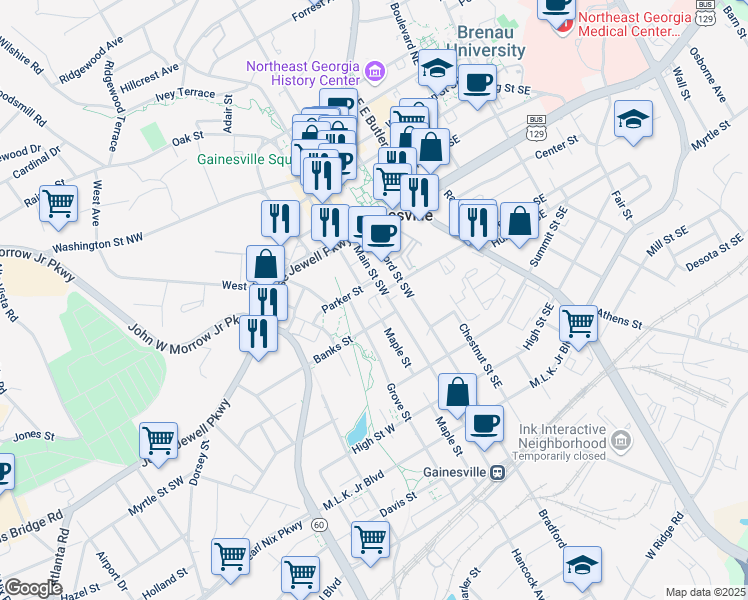 map of restaurants, bars, coffee shops, grocery stores, and more near 648 Main Street Southwest in Gainesville