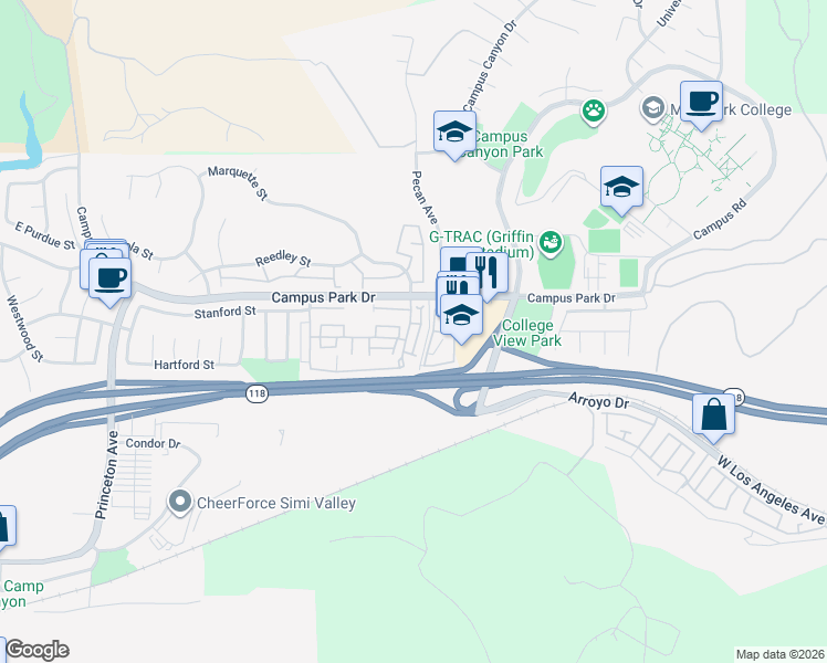 map of restaurants, bars, coffee shops, grocery stores, and more near 15242 Campus Park Drive in Moorpark