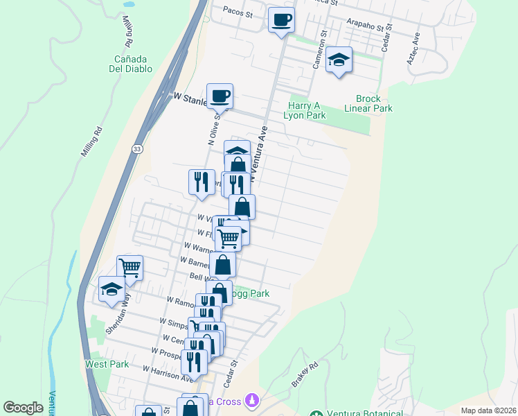 map of restaurants, bars, coffee shops, grocery stores, and more near 1240 North Ventura Avenue in Ventura