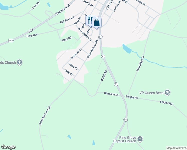 map of restaurants, bars, coffee shops, grocery stores, and more near 126 Gena Drive in Iva