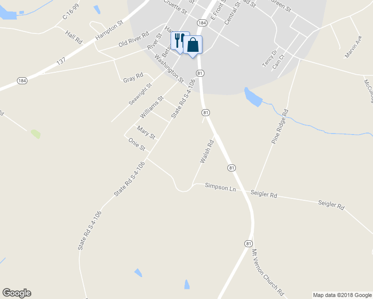 map of restaurants, bars, coffee shops, grocery stores, and more near 126 Gena Drive in Iva