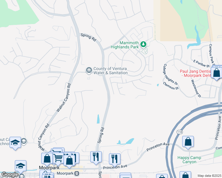 map of restaurants, bars, coffee shops, grocery stores, and more near 6549 Pinnacle Court in Moorpark