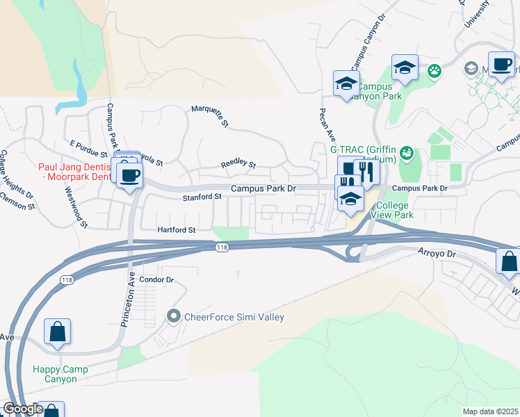 map of restaurants, bars, coffee shops, grocery stores, and more near 6508 Penn Street in Moorpark