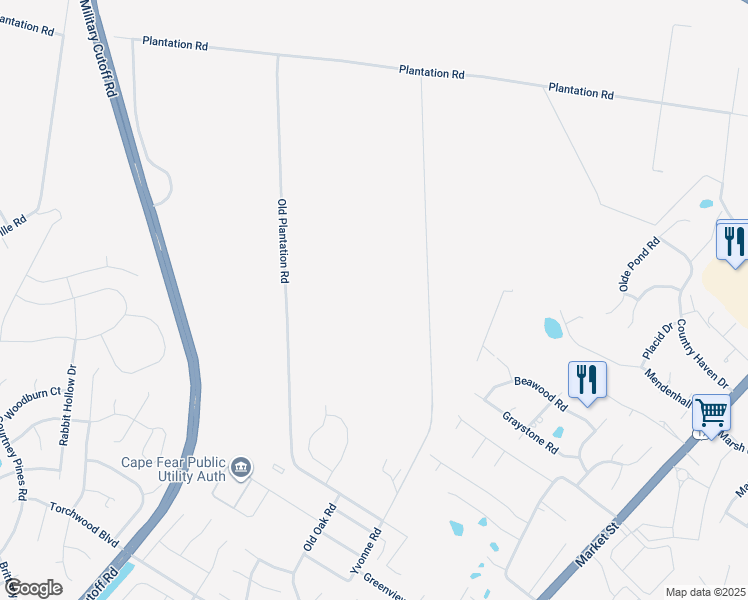 map of restaurants, bars, coffee shops, grocery stores, and more near 7528 Plantation Road in Wilmington