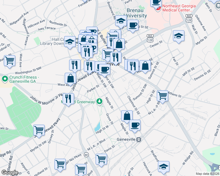 map of restaurants, bars, coffee shops, grocery stores, and more near 635 Main Street Southwest in Gainesville