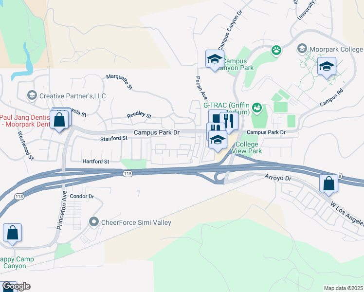 map of restaurants, bars, coffee shops, grocery stores, and more near 15137 Varsity Street in Moorpark