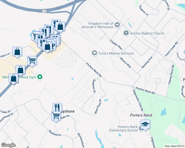 map of restaurants, bars, coffee shops, grocery stores, and more near 8233 Furtado Drive in Wilmington