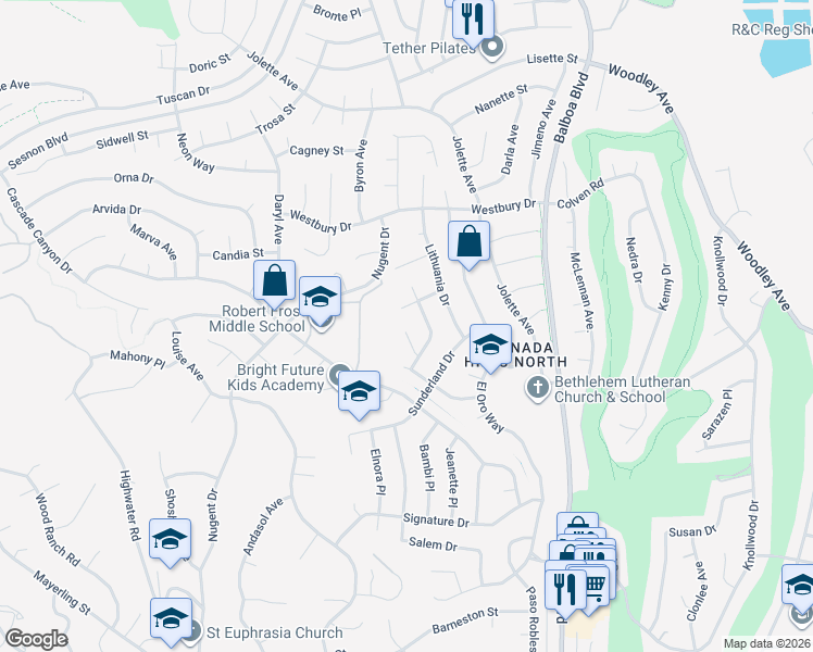 map of restaurants, bars, coffee shops, grocery stores, and more near 12336 Foxcroft Place in Los Angeles