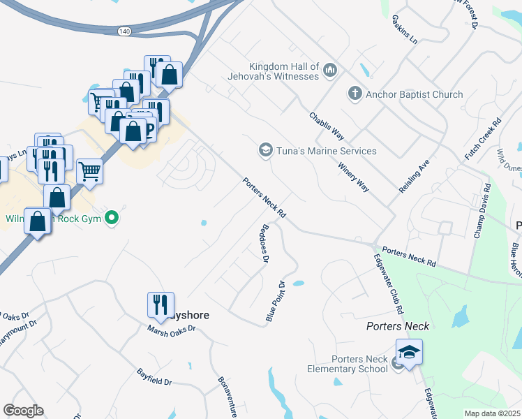 map of restaurants, bars, coffee shops, grocery stores, and more near 8233 Furtado Drive in Wilmington