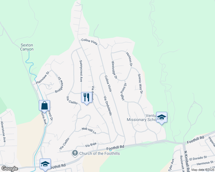 map of restaurants, bars, coffee shops, grocery stores, and more near 961 Colina Vista in Ventura