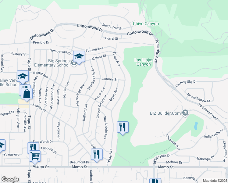 map of restaurants, bars, coffee shops, grocery stores, and more near 3283 Texas Avenue in Simi Valley