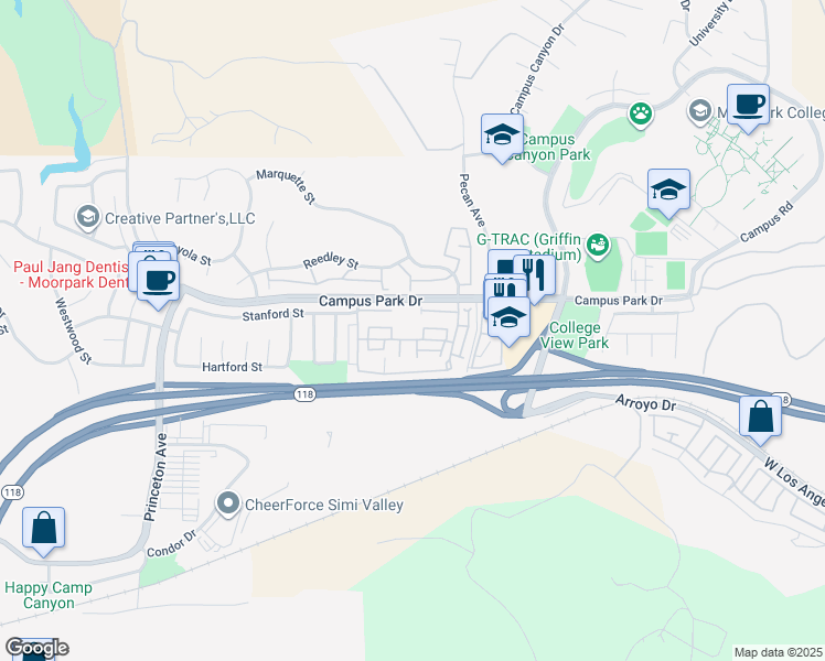 map of restaurants, bars, coffee shops, grocery stores, and more near 15091 Varsity Street in Moorpark