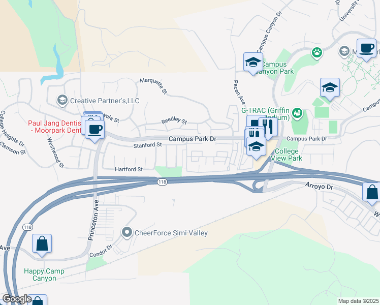 map of restaurants, bars, coffee shops, grocery stores, and more near 6508 Penn Street in Moorpark