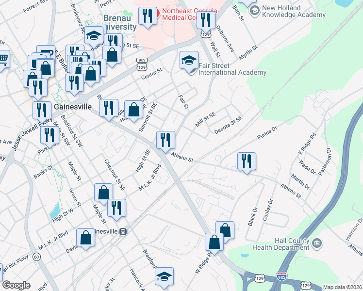 map of restaurants, bars, coffee shops, grocery stores, and more near 727 Mill Street Southeast in Gainesville