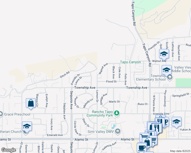 map of restaurants, bars, coffee shops, grocery stores, and more near 3291 Lemon Drive in Simi Valley