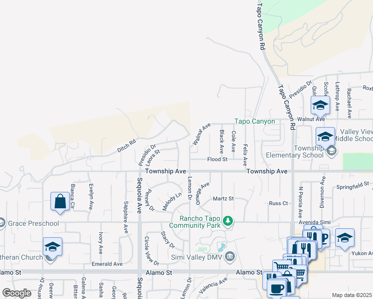 map of restaurants, bars, coffee shops, grocery stores, and more near 3291 Lemon Drive in Simi Valley