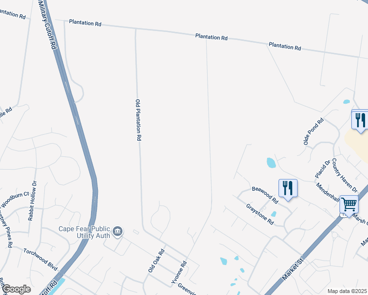 map of restaurants, bars, coffee shops, grocery stores, and more near 7528 Plantation Road in Wilmington