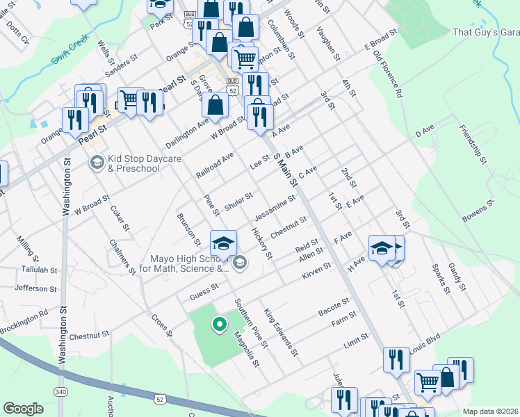 map of restaurants, bars, coffee shops, grocery stores, and more near 214 Jessamine Street in Darlington