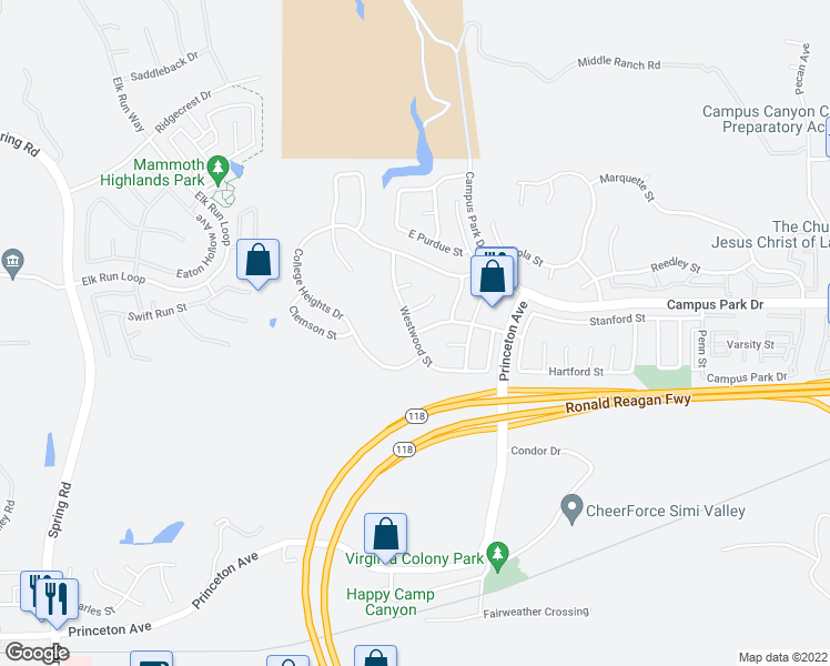 map of restaurants, bars, coffee shops, grocery stores, and more near Westwood St & E Amherst St in Moorpark