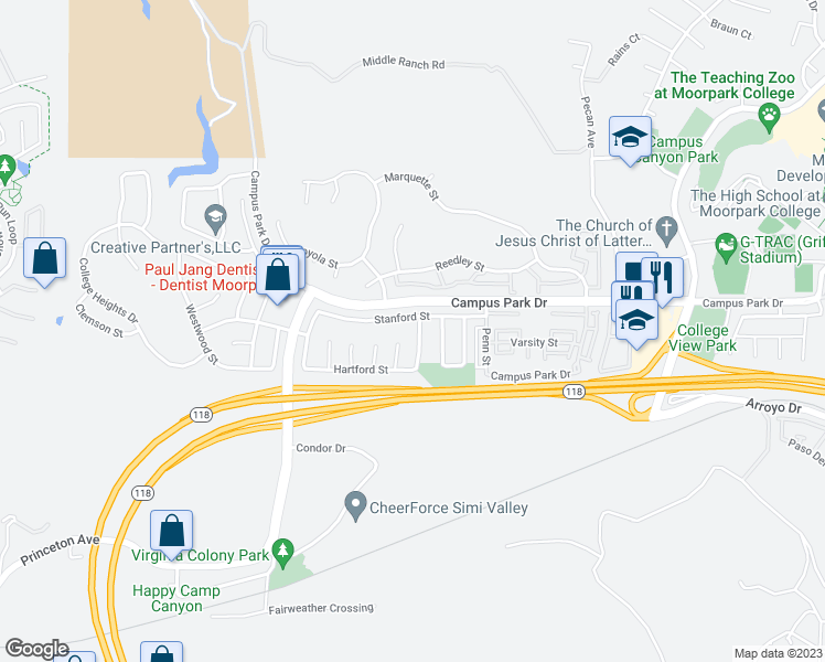 map of restaurants, bars, coffee shops, grocery stores, and more near 6579 Harvard Street in Moorpark