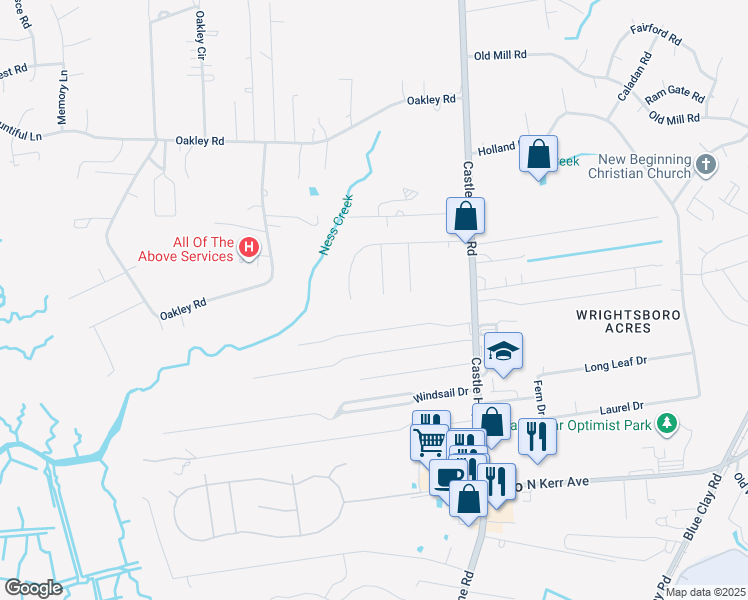 map of restaurants, bars, coffee shops, grocery stores, and more near 2805 Berry Patch Court in Castle Hayne