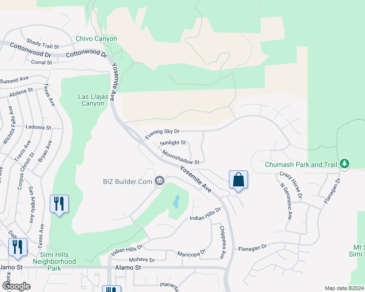 map of restaurants, bars, coffee shops, grocery stores, and more near 3263 Running Trails Avenue in Simi Valley