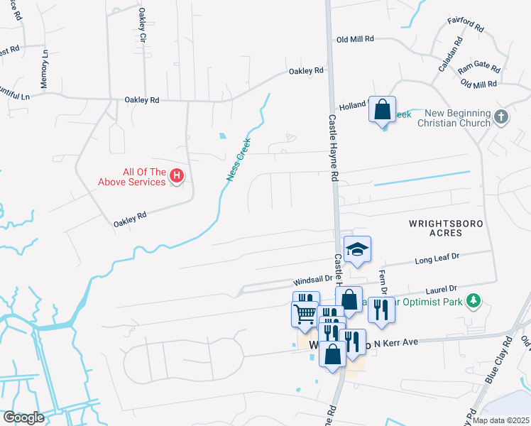 map of restaurants, bars, coffee shops, grocery stores, and more near 2805 Berry Patch Court in Castle Hayne