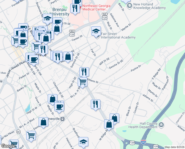 map of restaurants, bars, coffee shops, grocery stores, and more near 727 Mill Street Southeast in Gainesville