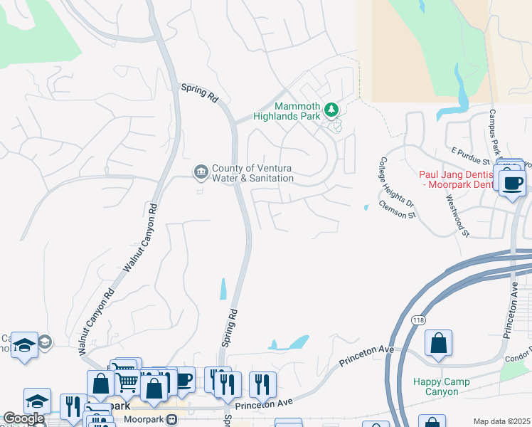 map of restaurants, bars, coffee shops, grocery stores, and more near 6567 Fishers Court in Moorpark