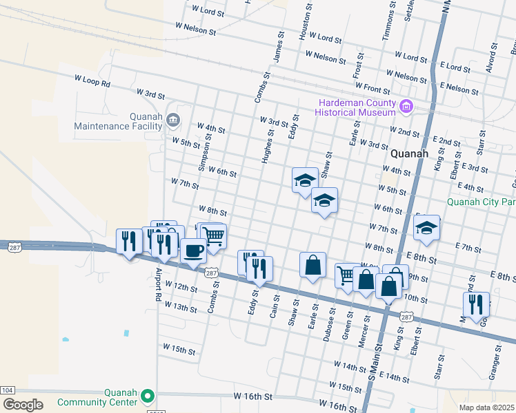 map of restaurants, bars, coffee shops, grocery stores, and more near 808 West 8th Street in Quanah