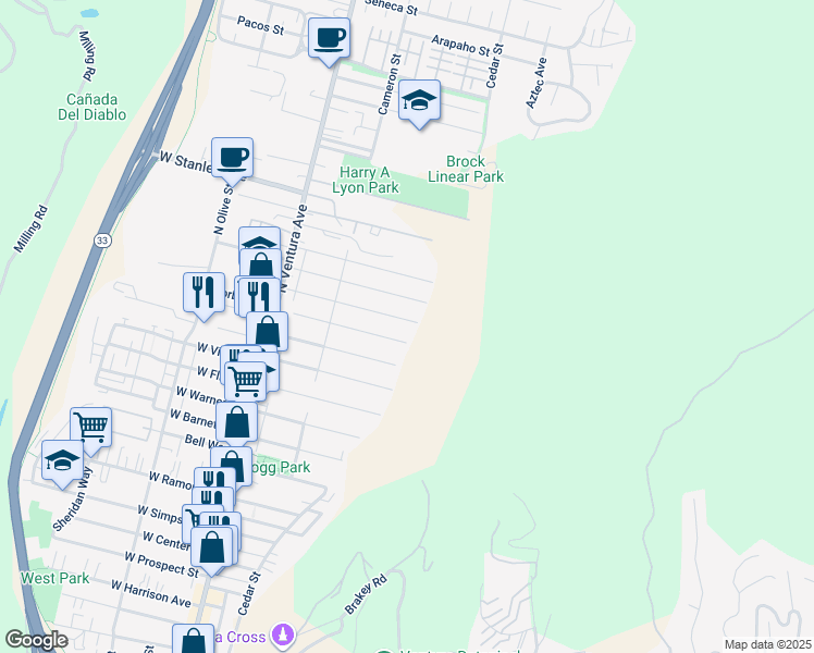map of restaurants, bars, coffee shops, grocery stores, and more near 312 Carr Drive in Ventura