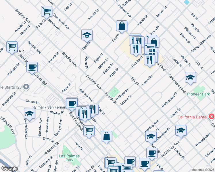 map of restaurants, bars, coffee shops, grocery stores, and more near 14335 Aztec Street in Los Angeles