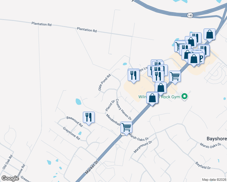 map of restaurants, bars, coffee shops, grocery stores, and more near 7947 Placid Drive in Wilmington